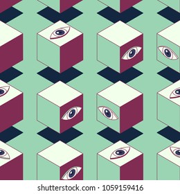 Abstract cubes with eyes. Seamless pattern. Clipping mask used. 