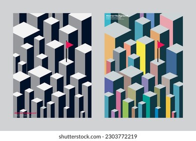 abstrakter Würfel geometrischer Hintergrund, Vektorgrafik-Design, einfarbig und bunt, Flaggen-Ziel-Gewinner-Führer erfolgreich Labyrinth Gebäude isometrisch, Deckenposter-Wallpaper, Layout-Vorlagen Hintergrund 