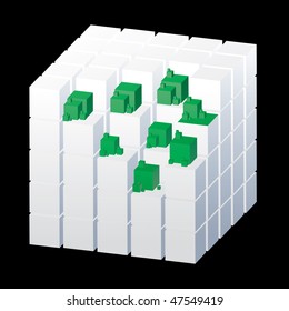 Abstract cubes isolated on the black background with green parts, vector illustration