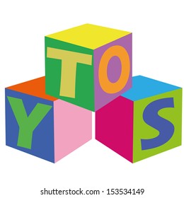 abstract cubes with letters making a word "toys"