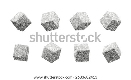 Abstract cubes with photocopy grain texture. Vintage halftone stipple effect in 3D geometric shapes. Minimal black and white vector design for poster, background, and decoration