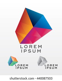 Abstract cubic box logo design, modern colorful emblem or icon with color alternative and greyscale version. Triangular grids realistic bright cube illustration.