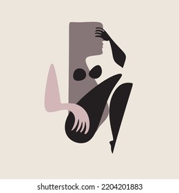 Abstract Cubism art drawing illustration. Cubism abstract face body, line drawing, trendy portrait, fashion cute minimal design. Contemporary monohrome artwork. Contemporary drawing in modern cubism 