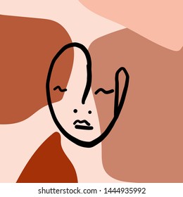 Abstract cubism face, linear portrait. Textures with different pastel colors shapes and doodle elements. Bohemian female icon. 