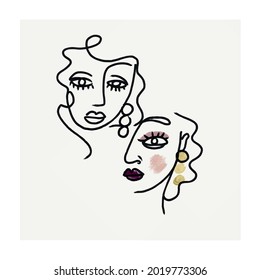 Abstract cubism faces. Two linear portrait girls. Design for poster. Contemporary print. 