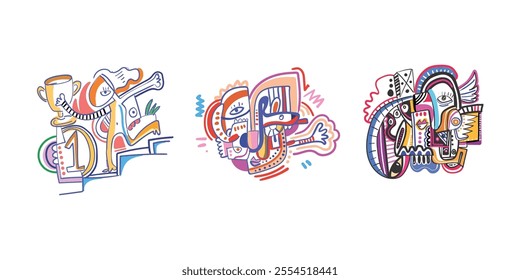 abstract cubism illustrations with irregular decorative patterns in vibrant colors.

