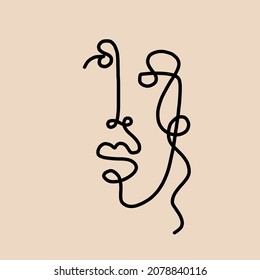 Abstract cubism linear face. Continuous one line drawing. 