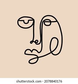 Abstract cubism linear face. Continuous one line drawing. 