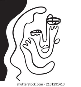 Abstract cubism linear face. Continuous one line drawing. 
