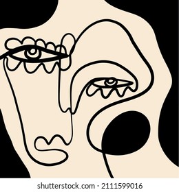 Abstract Cubism linear face. Simple minimal black and white portrait. Continuous line drawing. Vintage trendy design for poster, flyer, print, card. t-shirt. 