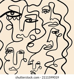 Abstract Cubism linear face. Simple minimal black and white portrait. Continuous line drawing. Vintage trendy design for poster, flyer, print, card. t-shirt. 