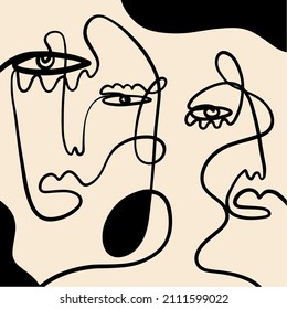 Abstract Cubism linear face. Simple minimal black and white portrait. Continuous line drawing. Vintage trendy design for poster, flyer, print, card. t-shirt. 