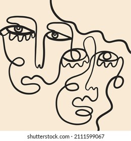 Abstract Cubism linear face. Simple minimal black and white portrait. Continuous line drawing. Vintage trendy design for poster, flyer, print, card. t-shirt. 