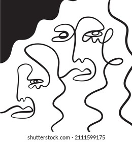 Abstract Cubism linear face. Simple minimal black and white portrait. Continuous line drawing. Vintage trendy design for poster, flyer, print, card. t-shirt. 