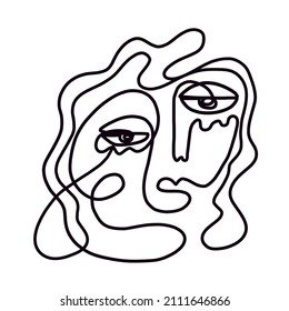 Abstract Cubism linear face. Simple minimal black and white portrait. Continuous line drawing. Vintage trendy design for poster, flyer, print, card. t-shirt. 