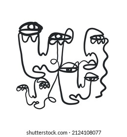 Abstract Cubism linear face. Simple minimal black and white portrait. Continuous line drawing. Vintage trendy design for poster, flyer, print, card. t-shirt. 