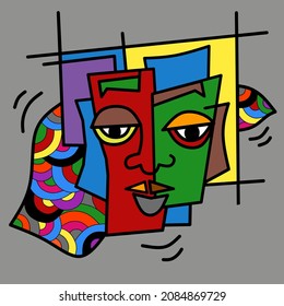 Abstract cubism man's face colorful vector illustration. Modern abstract cubism design poster and cover.