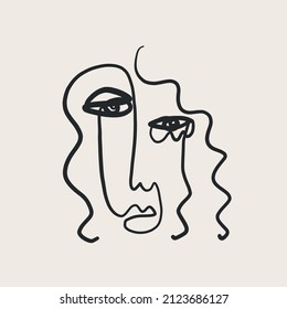 Abstract Cubism one continuous line face. Simple minimal portrait. Vintage trendy design for poster, flyer, print, card. t-shirt. 