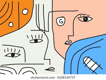 abstract cubism style portraits with expressive faces and geometric shapes.