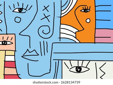 abstract cubism style portraits with expressive faces and geometric shapes.