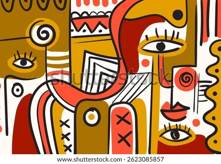 Abstract cubism-style illustration featuring expressive human faces, vibrant colors, bold lines, and playful geometric compositions.