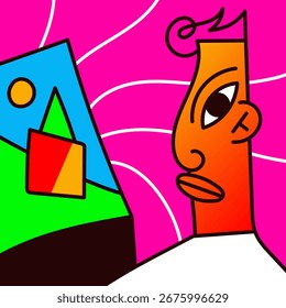 Abstract Cubist Face Vector Illustration in Bright Colors.
