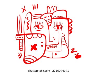 abstract and cubist style illustration featuring overlapping faces and figures