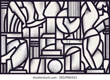 Abstract cubist style illustration featuring geometric figures and architectural elements with a stippled texture in a monochromatic palette.