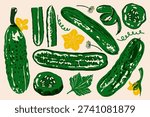 Abstract cucumber set. Green sliced fresh pickled whole sliced vegetables, cartoon organic farm food risograph print, healthy natural ingredients for salad. Vector collection.