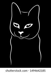 Abstract cunning cat stencil looking smiling, black vector hand drawing on white background