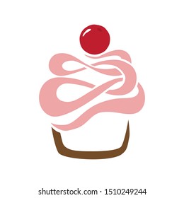 abstract cup cake with pink cream and cherry on top, vector logo icon