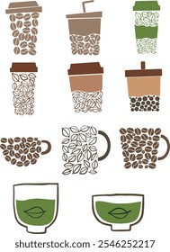 Abstract a cup of coffee beans, a cup of tea; boba milk tea and traditional matcha tea cup flat design banner.