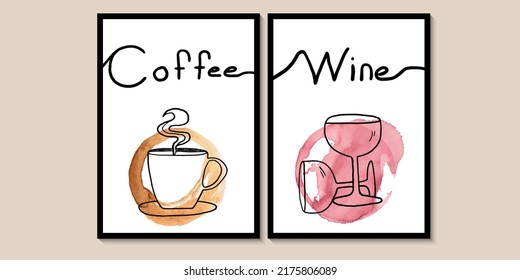 Abstract cup of coffee and glass of wine. Poster with coffee and wine for cafe, restaurant and bar. Concept graphic design. Vector