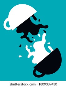 Abstract cup coffee or tea. Abstract dishes vector illustration. Milk and coffee. Good morning illustration. Scandinavian design. Tao symbol. Coffee time black white art. Minimalism drink print. 