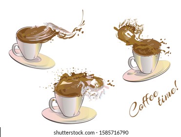 Abstract Cup of fresh coffee with  coffee splash and wave. Hand drawn vector illustration. 