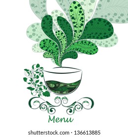 Abstract cup with green tea. Design of the menu for restaurant 