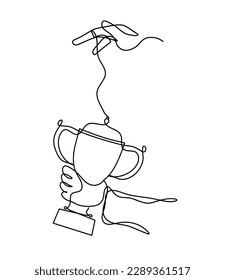 Abstract cup with hand as continuous lines drawing on white as background