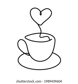 Abstract cup with heart as continuous lines drawing on white as background. Vector
