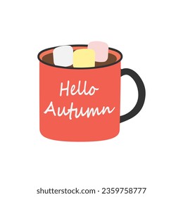 Abstract cup with lettering Hello autumn, warm drink and marshmallow cubes in trendy sesonal shades