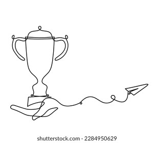Abstract cup with paper plane as continuous lines drawing on white as background