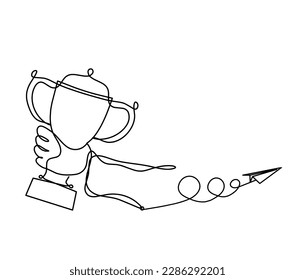 Abstract cup with paper plane as continuous lines drawing on white as background