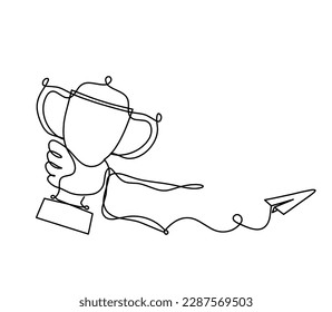 Abstract cup with paper plane as continuous lines drawing on white as background
