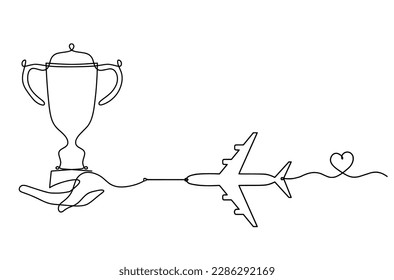 Abstract cup with plane as continuous lines drawing on white as background. Vector