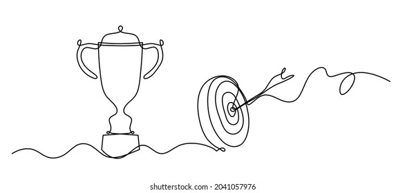 Abstract cup with target circle and arrow as continuous lines drawing on white as background. Vector