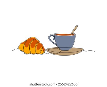 Abstrato xícara de chá ou café e croissant, desenho de arte de linha única contínua esboço, logotipo