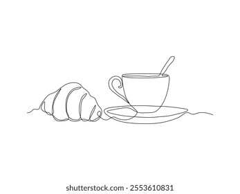 Abstract cup of tea or coffee and croissant,continuous single line art drawing sketch, logo