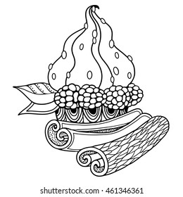 Abstract cupcake with raspberry and cinnamon in doodle style. Floral, ornate, decorative vector dessert illustration. Black and white monochrome design. Zentangle hand drawn adult coloring page
