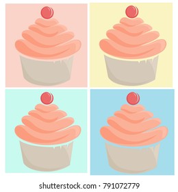 Abstract cupcake vector with pink icing and a cherry on top set on four brightly colored squares.