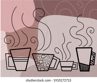 Abstract cups for coffee, tea time vector illustration. colourful background in shades of brown and beige. Useful for banners web page, cards greetings, ads, social media story boards.
