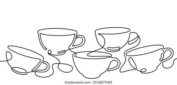 Abstract Cups in continuous line drawing style isolated on white background. Minimalistic art of hot drink as element of graphic design. Vector illustration.